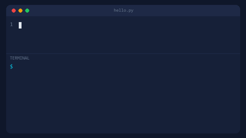 طرفية تكتب برنامج Python من ثلاثة أسطر ثم تشغّله بالأمر python hello.py فيطبع الترحيب ثلاث مرات